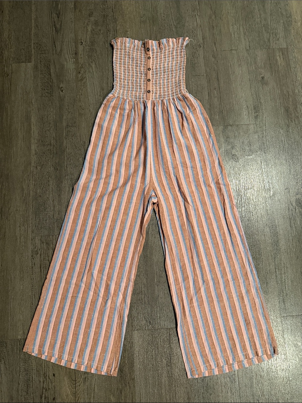 Billabong Peach and Light Blue Striped Smocked Jumpsuit